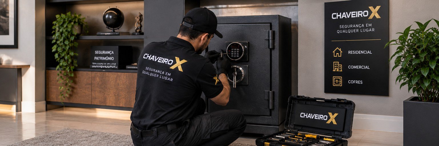 Técnico do Chaveiro X abrindo cofre residencial na Brás
