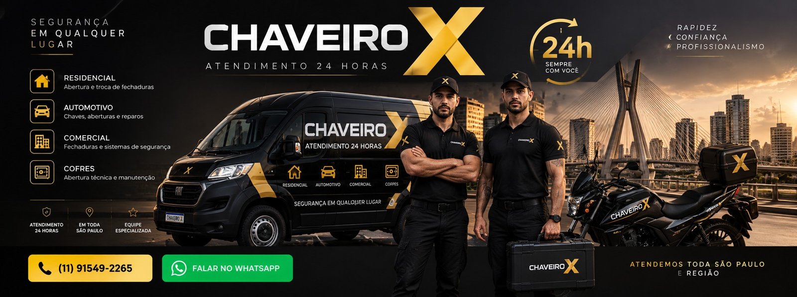 Chaveiro X - atendimento 24 horas em toda São Paulo, residencial, automotivo, comercial e cofres