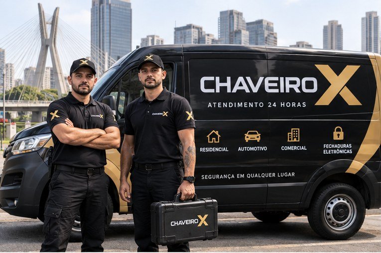 Equipe do Chaveiro X ao lado da van de atendimento