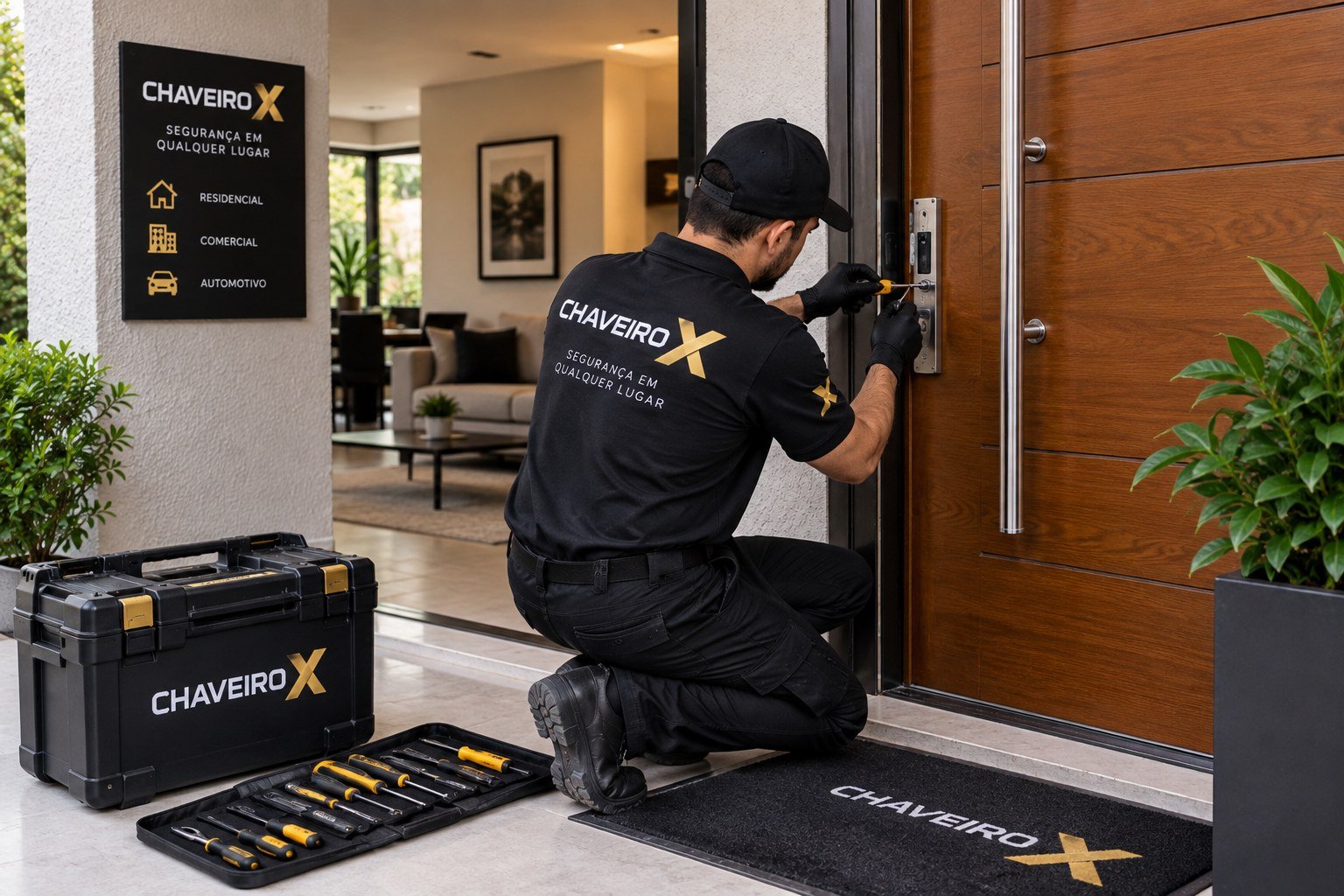 Técnico do Chaveiro X instalando fechadura em porta na Brás