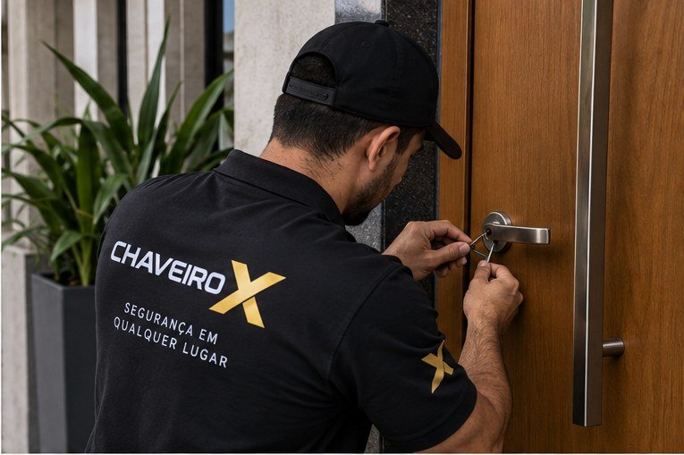 Técnico do Chaveiro X abrindo fechadura de porta na Brás